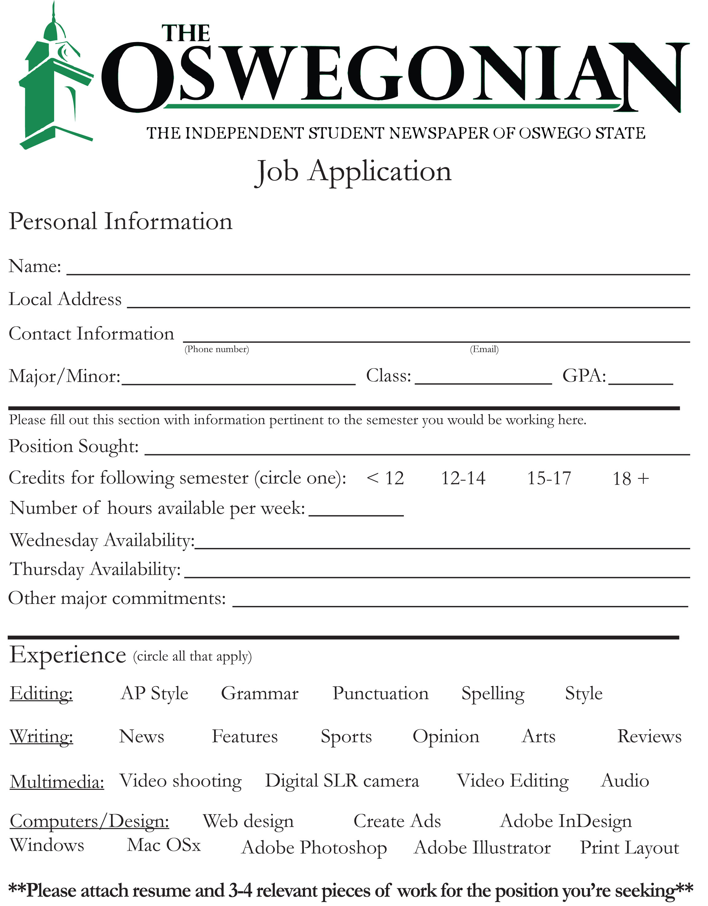 Oswegonian Staff Application Oswegonian Staff Application